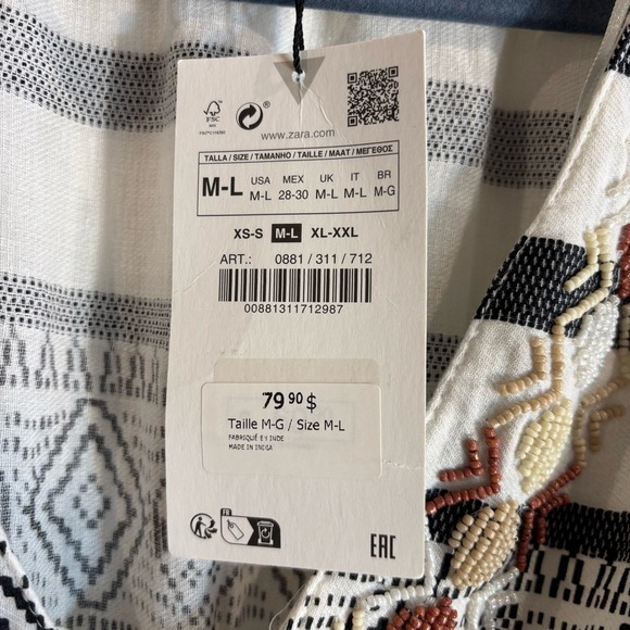 ZARA Sz M-L Gauzy Drawstrings Tassels Beaded V-Neck Striped Maxi Dress NEW - Picture 5 of 13